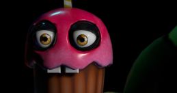 Mr. Cupcake from FNAF 1, a spooky character with a pink frosting hat and eerie eyes, held on a plate by a sinister hand.