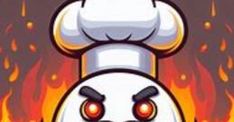 Fierce chef character with robotic arms, fiery background, playful design, and a dramatic mustache, embodying G0RD-1 RAM-Z.