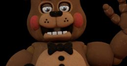 Toy Freddy with a microphone, animated bear character from Five Nights at Freddy's, waving cheerfully in a dark background.