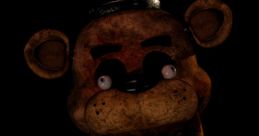 Stuffed Freddy from Five Nights at Freddy's, featuring a creepy expression and worn, bloody textures in dark background.