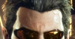 Adam Jensen with stylish sunglasses, showcasing a sleek, cybernetic look and intense expression in a futuristic setting.