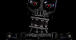 Beta Endoskeleton from Five Nights At Freddy's with glowing red eyes, showcasing its eerie, mechanical design in a dark setting.