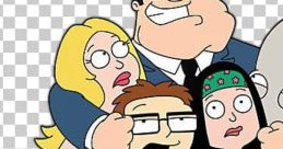 Key characters from American Dad Seasons 1 and 2, featuring Stan and the family in a humorous ensemble scene.