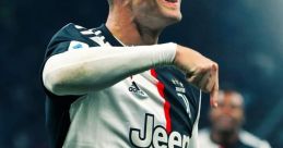 Cristiano Ronaldo celebrates a goal wearing the Juventus jersey, showcasing his signature style and energetic gameplay.