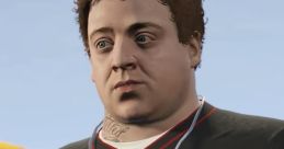 Jimmy de Santa from GTA V, wearing a black and red jersey with a star necklace, gazes thoughtfully in a vibrant setting.