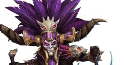 Nazeebo, the witch doctor, wielding a dagger and a mystical skull, adorned with vibrant feathers and tribal armor.