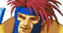 Gambit from X-Men vs. Street Fighter, featuring his iconic blue and yellow costume and vibrant red hair.