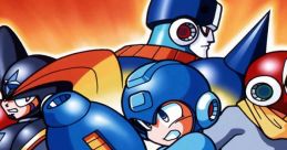 Mega Man 2 characters ready for action, showcasing the classic robot heroes against a dynamic orange background.