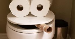 Toilet decorated with toilet paper rolls as eyes and a cardboard tube as a mouth, creating a playful Skibidi style.