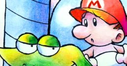 Frog Pirate character from Yoshi's Island interacts with a young Mario in a colorful, whimsical setting.