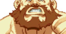 Zangief from X-Men vs. Street Fighter, showcasing his intense expression and muscular physique in a pixel art style.