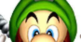 Luigi with an expressive face in his green hat, showcasing excitement from the "Luigi's Mansion" game series.