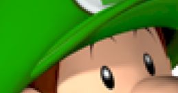 Baby Luigi from Mario Kart Wii, wearing a green hat, shows a curious expression while touching his lips thoughtfully.