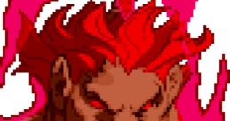 Akuma from X-Men vs. Street Fighter, showcasing fierce expression and iconic red hair with fiery background effects.