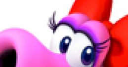 Birdo, the pink dinosaur character from Mario Kart Wii, with a red bow and expressive eyes, showing a playful pose.