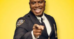 Captain Holt smiling and pointing confidently, wearing an NYPD uniform against a bright yellow backdrop.