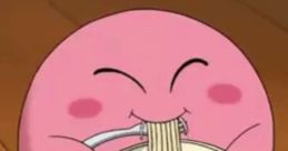 Cute pink character happily enjoying noodles from a cup, showcasing culinary delight and playful vibes. Perfect for food lovers!