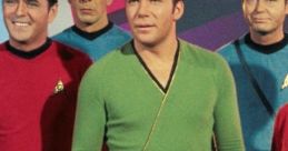 Kirk and crew in colorful uniforms from Star Trek TOS, showcasing iconic characters in a classic sci-fi setting.