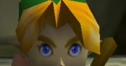 Link from "The Legend of Zelda: Ocarina of Time" in a green tunic, showcasing iconic blue eyes and blonde hair.