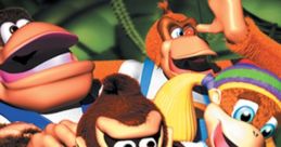 Donkey Kong 64 characters cheerfully pose, showcasing playful expressions in a vibrant, nostalgic jungle setting.