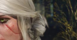 Close-up of Ciri from The Witcher 3, showcasing her striking green eyes and distinctive scar against a blurred forest background.