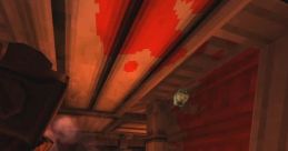 Red-lit corridor in ULTRAKILL featuring a player weapon and chaotic scene with scattered enemies and debris.