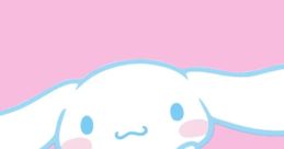 Cute white rabbit character with large ears and rosy cheeks on a pink background, embodying Kawaii style and charm.