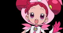 Doremi Harukaze in a pink dress and whimsical hat, showcasing her cheerful personality and magical charm.