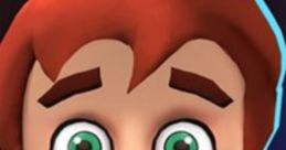 Fearful animated character with orange hair and green eyes, reacting to a surprising situation, evoking strong emotions.