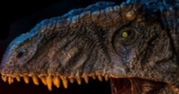 Detailed close-up of a fierce JWD Giganotosaurus head showcasing sharp teeth and vibrant colors against a dramatic backdrop.