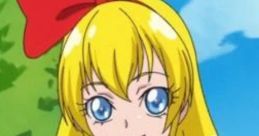 Regina from Doki Doki Pretty Cure smiles playfully, showcasing her signature blonde hair and red bow against a blue sky.