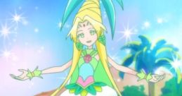 Cure Oasis from Tropical Rouge Pretty Cure radiates magic amidst a vibrant tropical setting, showcasing her enchanting style.