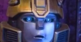 Close-up of a golden robotic character with expressive features, reminiscent of iconic animated transformations.