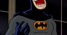 Batman laughing with a wide grin, showcasing his playful side in a vibrant, animated style. Iconic superhero moment.