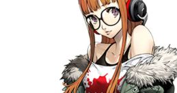 Futaba Sakura from Persona 5, showcasing her iconic style with headphones, glasses, and a trendy outfit.