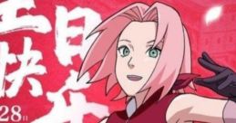 Sakura Haruno in a dynamic pose, showcasing her signature pink hair and determined expression against a bold red background.