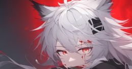 Anime character with gray hair and wolf-like ears, set against a striking red moon backdrop, embodying a fierce aura.