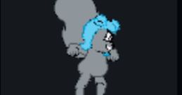 Rockyuirrel, a playful gray squirrel with blue hair, animatedly jumps with a cheerful expression against a dark background.