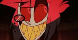 Alastor, the charismatic character from Hazbin Hotel, grins mischievously in a vibrant red and black outfit.