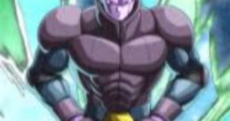 Hit from Dragon Ball Super stands confidently, showcasing his unique purple attire and strong physique in a dynamic background.