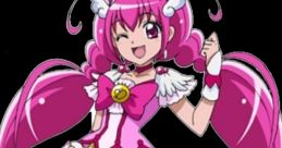 Glitter Lucky Cure character in a pink outfit, smiling joyfully, showcasing her cute costume and charm. Perfect for fans!