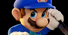 Detailed cartoon character in blue overalls and cap, inspired by classic gaming style, showcasing a fierce expression.