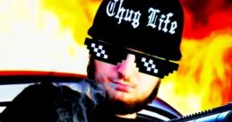 Person in a car wearing a 'Thug Life' hat, holding a gun, with fiery background, representing a bold, edgy persona.