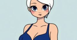 Karina in human form, featuring short white hair and a stylish blue athletic outfit, exudes confidence and charm.