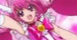 Cure Happy from Smile Precure! poses joyfully in a vibrant pink costume, embodying the spirit of anime magic and friendship.