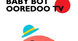 Cheerful Baby Bot character promoting Ooredoo TV V10 with colorful design and playful accessories, ideal for kids' entertainment.