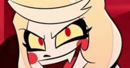 Charlie from Hazbin Hotel smirks playfully in a stylish red tuxedo, embodying her spirited and ambitious personality.