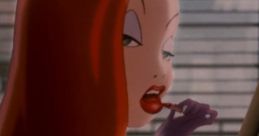 Jessica Rabbit poses alluringly, showcasing her signature red hair and glamorous style in a classic animated scene.