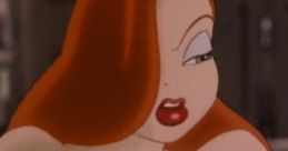 Jessica Rabbit, a sultry animated character, showcasing her iconic red dress and striking red hair in a classic scene.