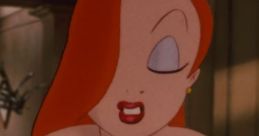 Jessica Rabbit in a seductive pose, wearing a glamorous red dress and purple gloves, embodying classic animated allure.